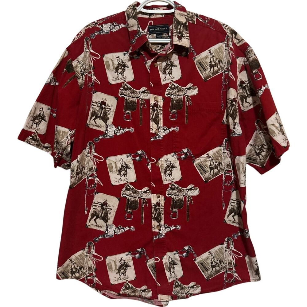 Bit & Bridle Red Cream Short Sleeve Cowboy Spurs Saddle Button Down Shirt Size L